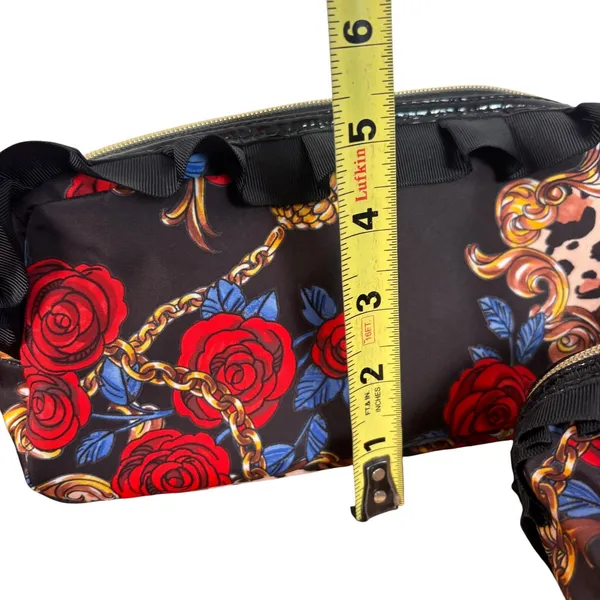 Betsey Johnson 2pc Cosmetic Bag Set Floral Leopard Ruffle Black Red Gold Rose - Image 6
