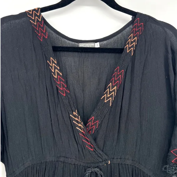 Earthbound Trading Co Black Boho Embroidered Maxi‎ Dress Small Gauze Festival - Image 2