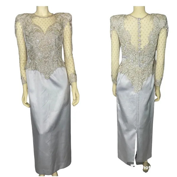 1990s Vintage Ice Blue Beaded Formal Gown Sheer Lace Bodice Custom S-M - Image 2
