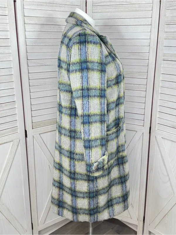 Cyrus Plaid Wool Blend Long Midi Overcoat Coat Grey Green Blue Large Winter - Image 3