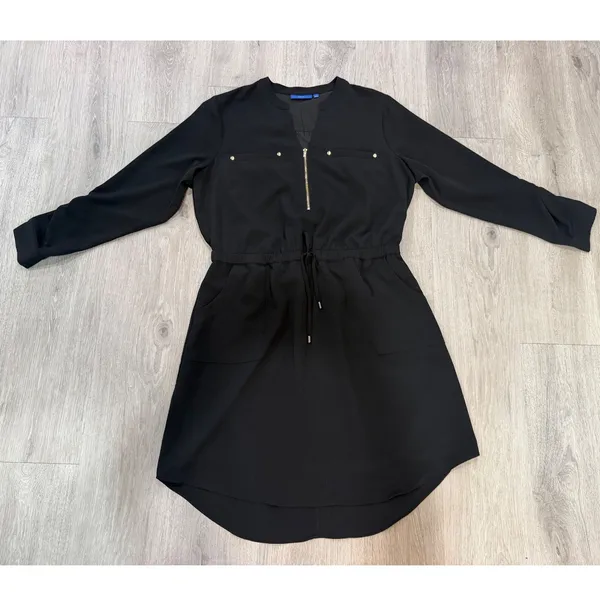 Apt. 9 Black Utility Shirt Dress Gold Zip Cinch Waist Long Sleeve Office Chic L - Image 6