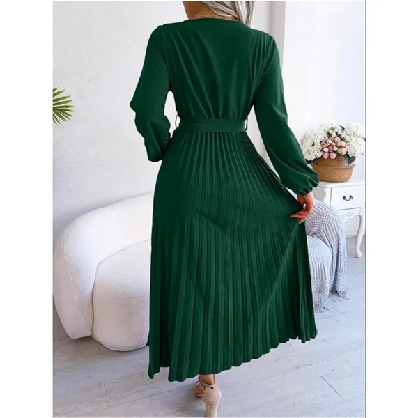 NEW Green Long Sleeve V Neck Loose Fit Pleated Belted Midi Dress XL - Image 2