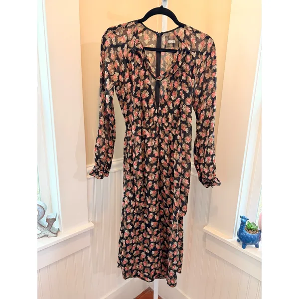 Reformation Floral Midi Dress Tie Neck Long‎ Sleeve Slit Black Size 0 - Image 2