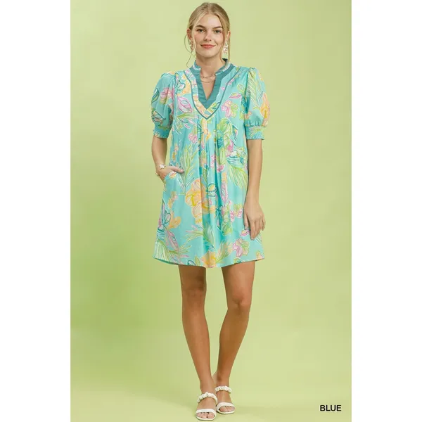 Umgee Botanical Print‎ Dress with Smocked Cuffs - Blue - Small - Image 5