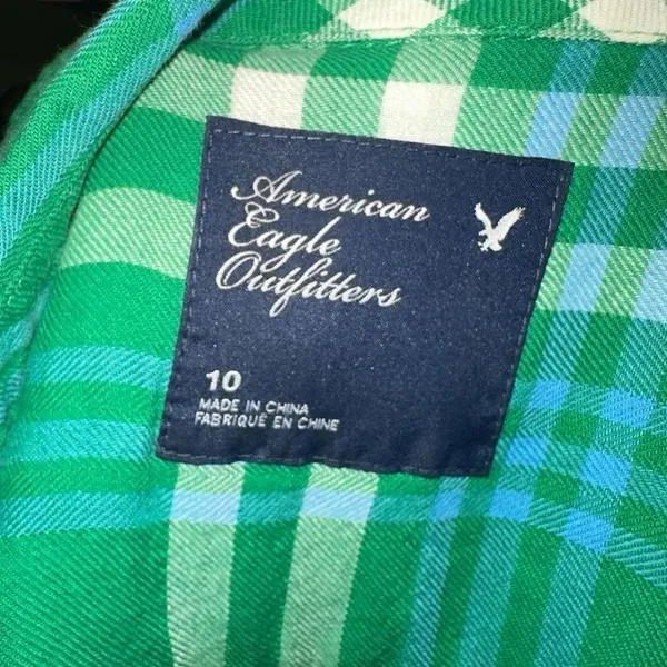 American Eagle green plaid ruffled button down tie waist top - Image 4
