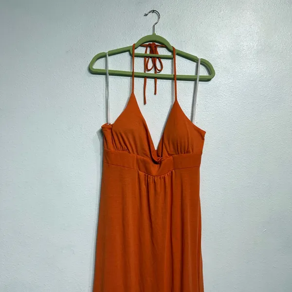 Blaxident Orange Halter Maxi Dress Flowy Empire Waist Sz L - Image 3