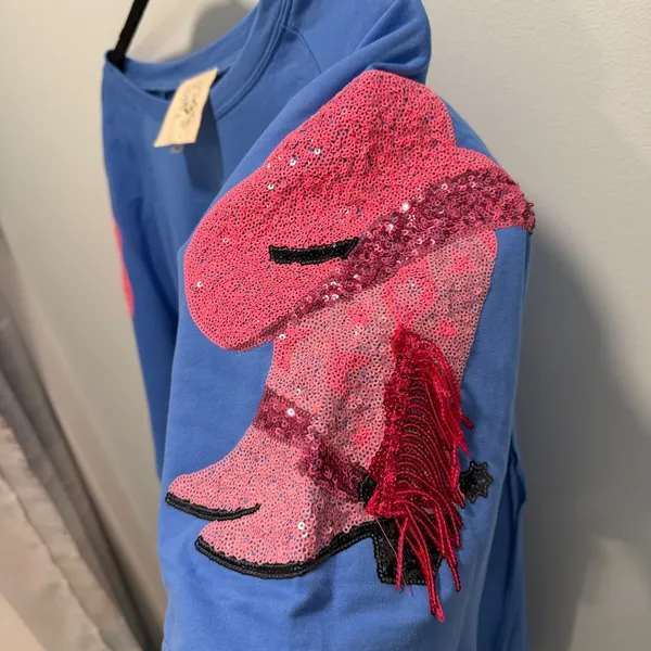 Fantastic Fawn Sequin Cowboy Boot T-Shirt Dress L Blue Pink Fringe Western - Image 2