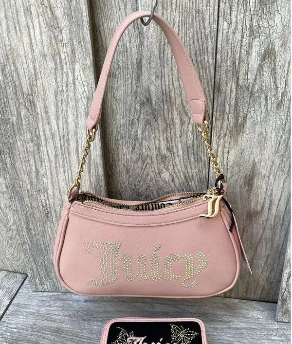 Juicy Couture | Pink Shoulder Bag & Zip Wallet Set | Rhinestone Logo - Image 5