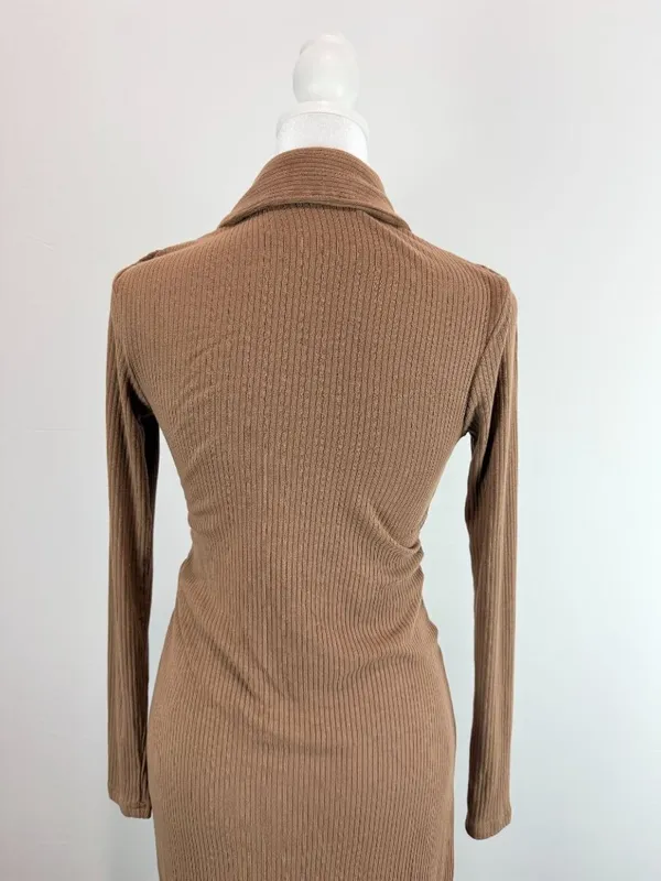 Lucca Brown Ribbed Long Sleeve Button-Down Midi Dress With Collared Neckline S - Image 3