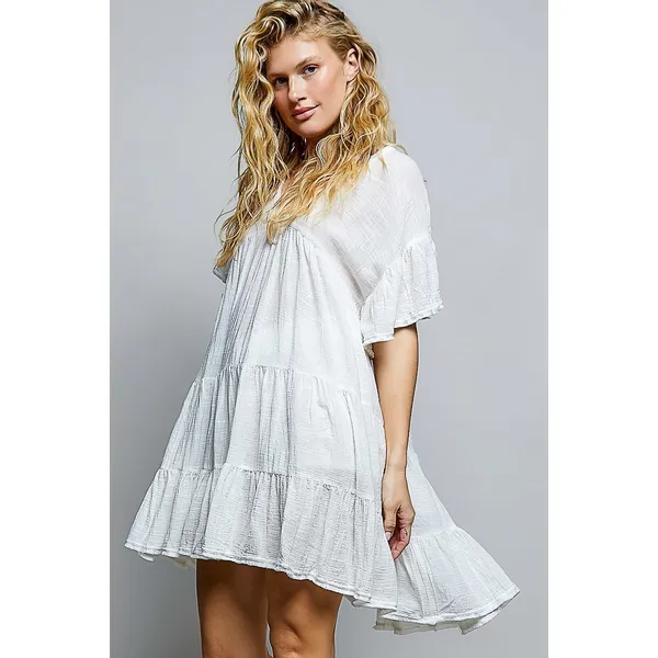 POL Cotton Ruffle Shirred V-Neck Short Sleeve Dress - Ivory - Medium - Image 2