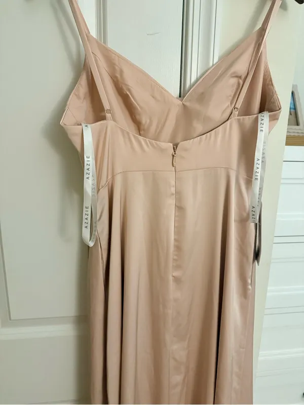 Azazie Champagne Satin Slip Dress with Twist Detail - Image 7