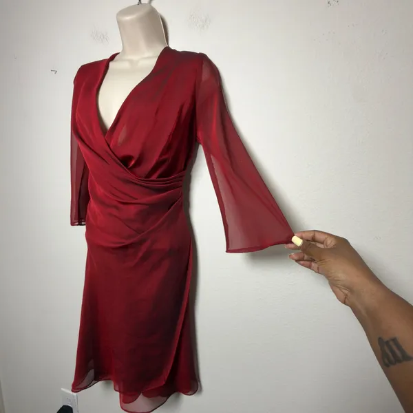 Donna Ricco Women Babydoll Dress Red Sheer Ruched Midi Burgundy Draped Flare - Image 4