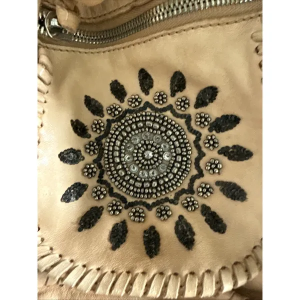Lockheart Beige Leather Beaded Shoulder Bag Lockheart Handbag Stained - Image 2