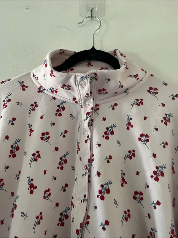 Pink Ditsy Floral Quarter Zip Pullover Cotton Sweatshirt Large Feminine Athletic - Image 2