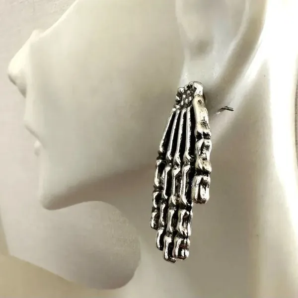 Silver tone Skeleton Hand Earrings - Image 4