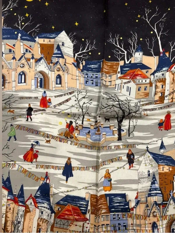 100% Silk Parisian Village Print Square Scarf Blue Orange Vintage Style - Image 4