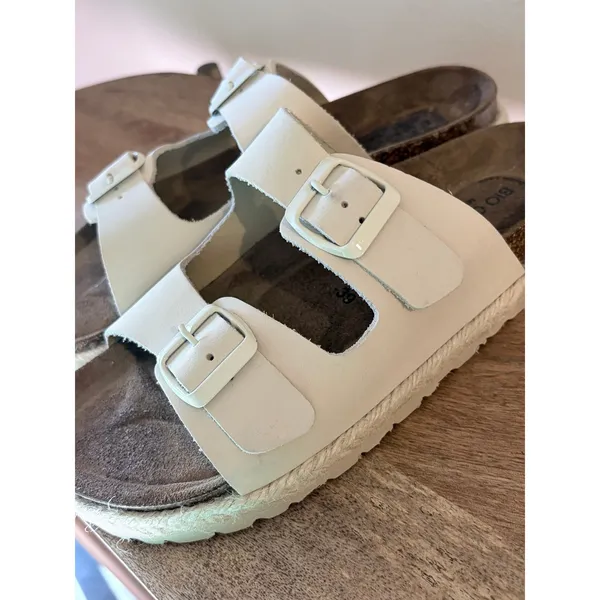 Bio Green Spain Ivory White Leather‎ Double Strap Buckle Slide Sandals 39 | 8 - Image 4