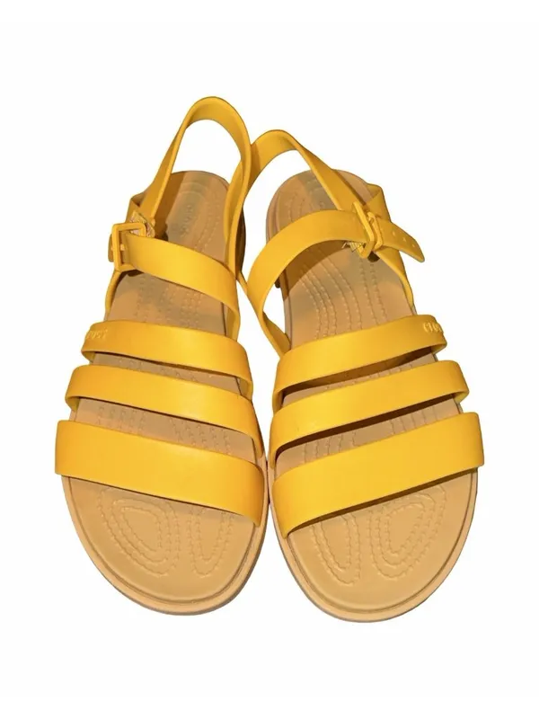 Crocs Womens Tulum Sandal Size 7 Canary Yellow Tan Strappy Fisherman Flat Shoe - Image 2