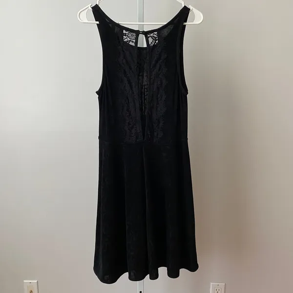 Free People Large Black Mini Dress Lace Back Floral‎ Textured Fit and Flare Boho - Image 7