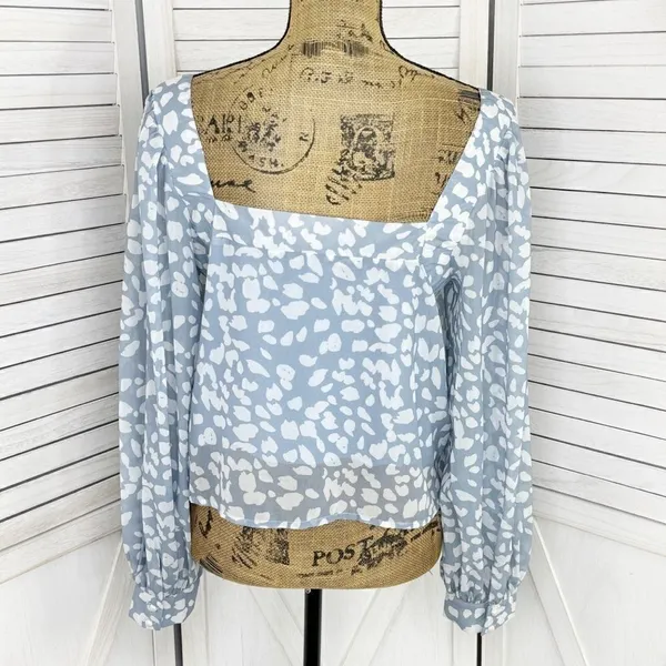 Lucca Petal Print Square‎ Neck Crop Blouse Blue White Large Long Balloon Sleeve - Image 4