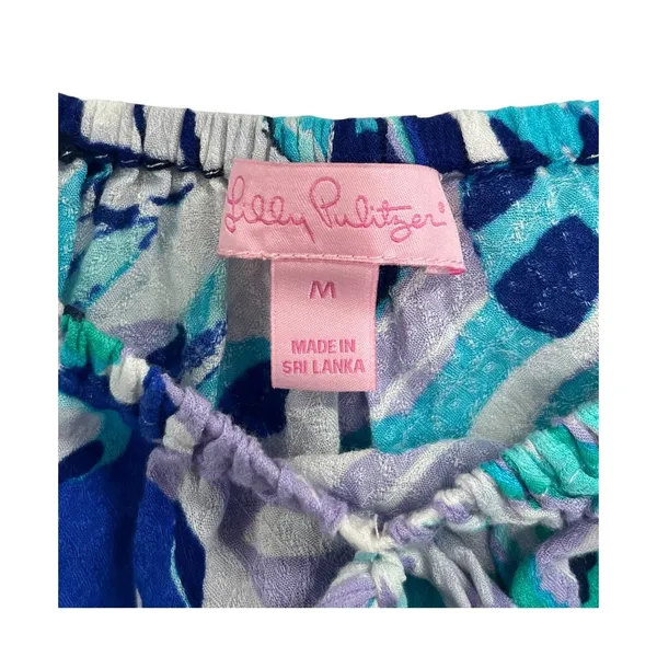 Lilly Pulitzer Top Womens Medium Blue Floral Tropical Coastal Peasant Boho Beach - Image 3