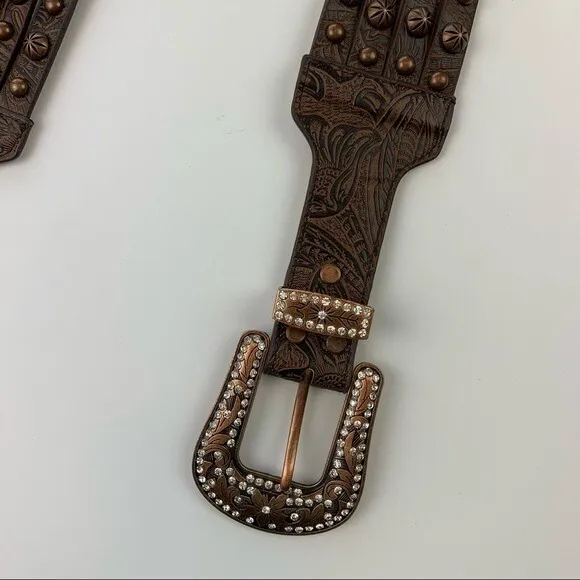 Western Genuine Leather Embossed‎ Studded Belt Vintage Rhinestone Buckle Brown L - Image 2