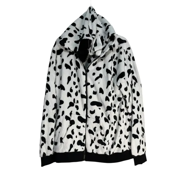 Arvil Hill Dalmatian Print Fleece Hoodie‎ Zip Up Women's XL Black White Cozy - Image 2