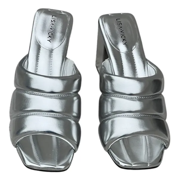 Lisa Vicky Silver Metallic "Very Vicky" Cushion Women's Size 9M Mules Block Heel - Image 3