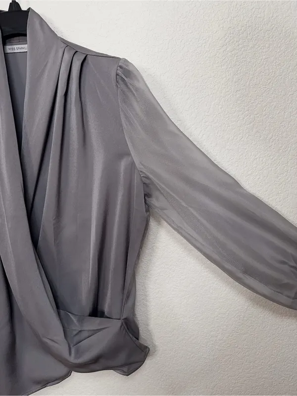 Miss Sparkling Silver Gray Satin Surplice Wrap Blouse Draped Long Sleeve Top - Image 5