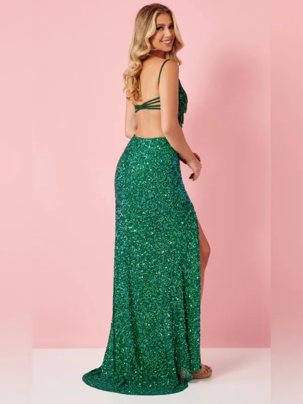 Rachel Allan Stunning Emerald Green Sequin Fringe Cutout formal Gown Size 6 - Image 2