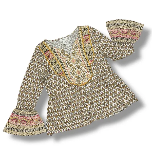 Style & Co‎ Printed Flared Hem Bell Sleeve V Neck Top Yellow Multi Small - Image 11