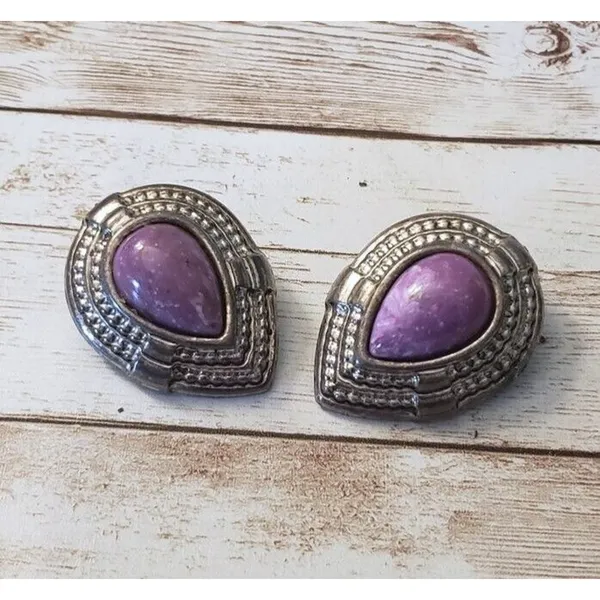 Vintage Clip On Earrings Extra Large Statement Purple & Silver Tone - Tarnished - Image 2