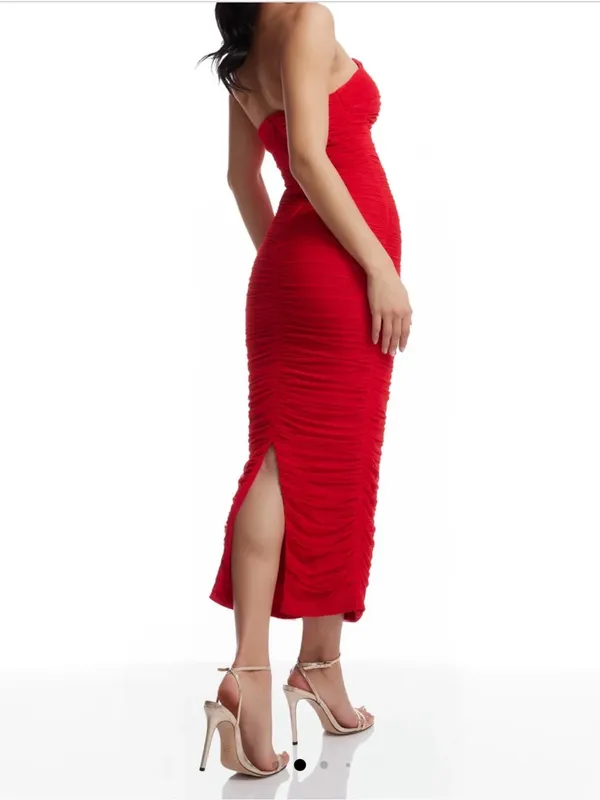Dress the Population Ferra Rouge Red Ruched Midi Dress XS Strapless - Image 2