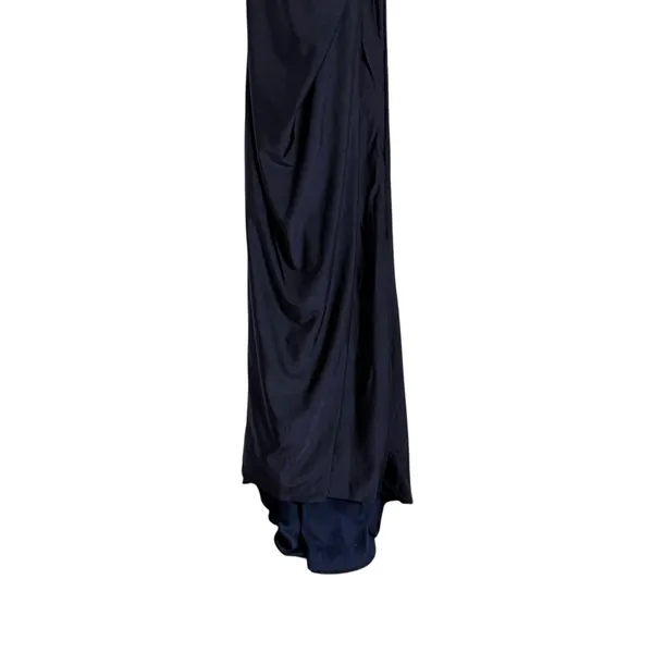 La Femme Navy Ruched Jersey V-Neck Slit Formal Gown Dress Tie Up Back Size 0 - Image 5