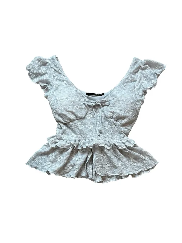 Gray Lace Babydoll Top Ruffles Bow Romantic Cottage Romantic Feminine - Image 2