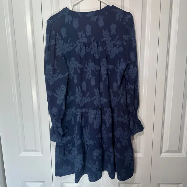 Umgee Mini Dress Womens Medium Navy Blue Floral Textured Smocked Sleeve Tiered - Image 5