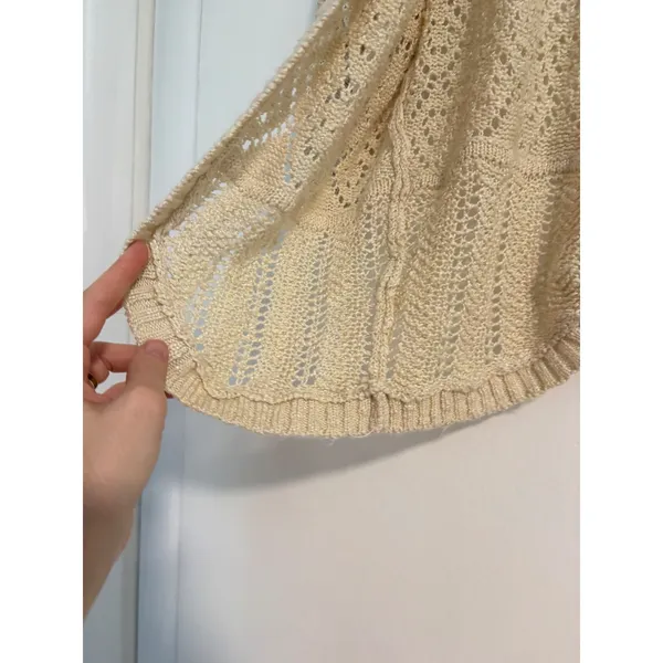 Pink Rose Cream Pointelle Knit Open Front Cardigan Sweater Medium Boho Ivory - Image 3