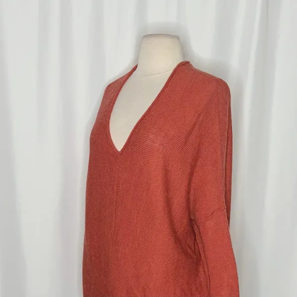 FREE PEOPLE Sadie V Neck Sweater Pullover Wool Alpaca Ruching Sunset Red Small - Image 5