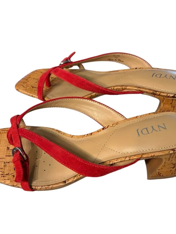 NYDJ Red Suede Cork Square Toe Thong Heeled Sandals Women's Size 7 New - Image 3