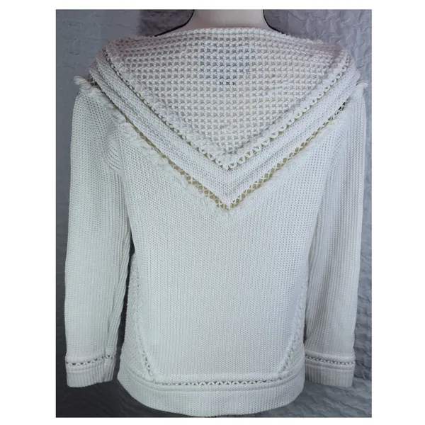 Saylor White Knit Boat Neck Sweater V-Panel Eyelet Fringe Detail Small - Image 2