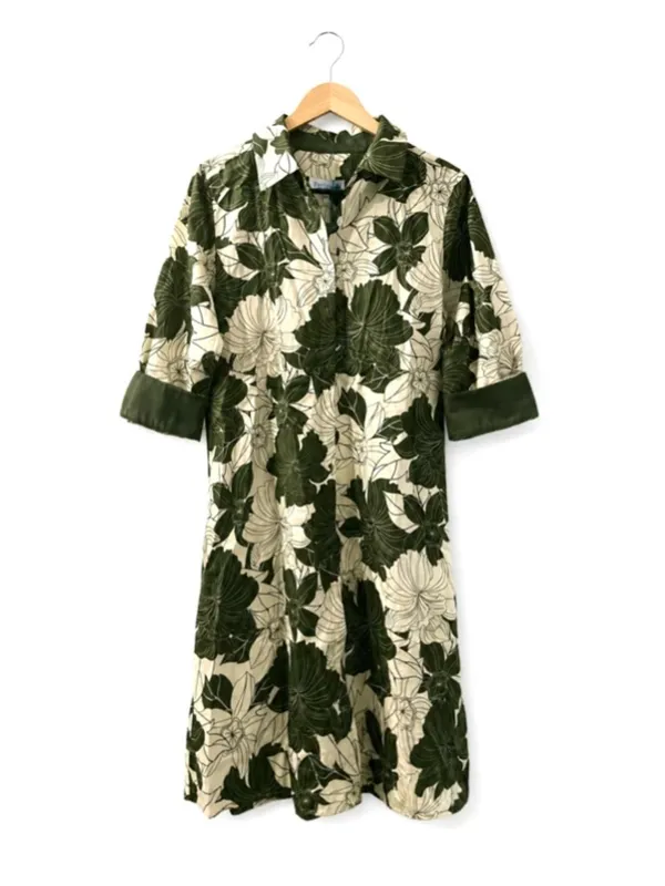 NWT Revolve x Perlavera Clara Button Down Shirt Dress in Green Lotus Khaki - Image 2