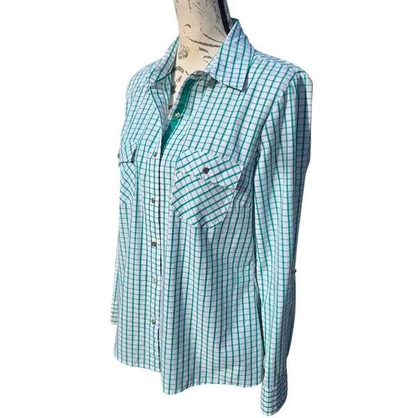 Zac‎ & Rachel -1831 Green White Grid Check Button Down Roll Tab Shirt Womens M - Image 2