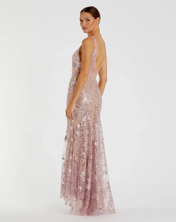 NWT - Mac Duggal 67481 Pink Floral Embellished Sleeveless Plunge Neck Gown - Image 3