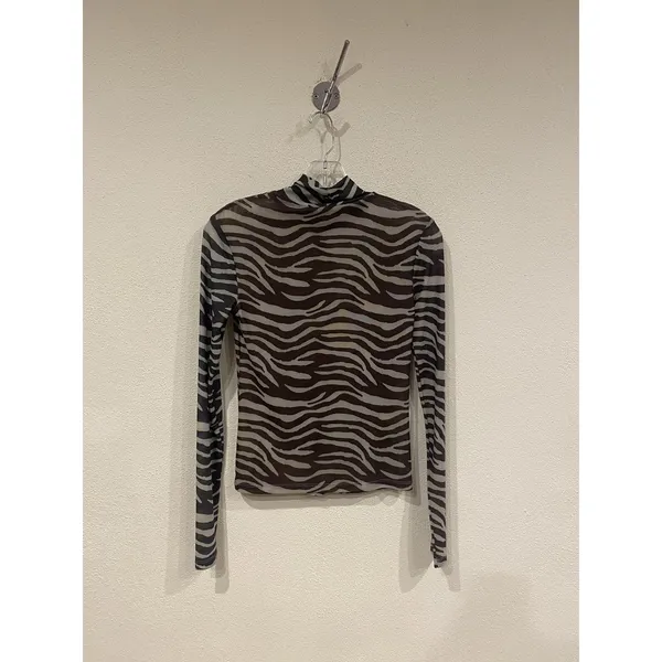 STAUD Shirt Womens Small Brown Zebra Mesh Sheer Long Sleeve Mock Neck Top - Image 5