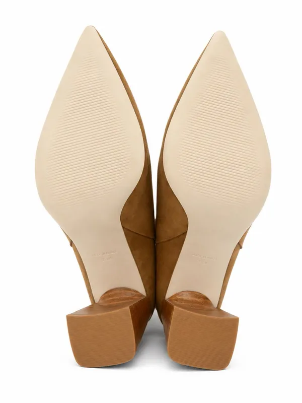 Camel Pointed Toe Mid Calf Block Heel Boots Leather Upper Size 9.5M Tan - Image 4