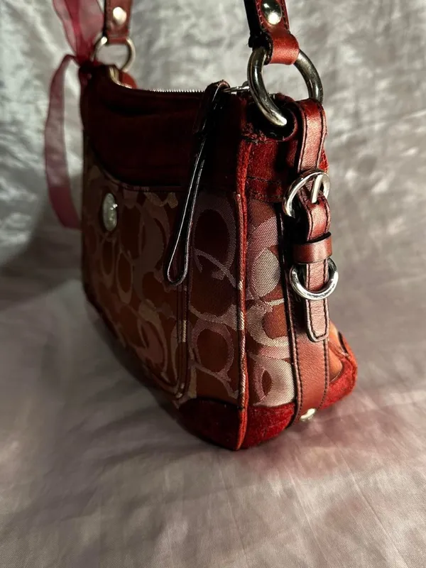 Vintage Y2K Coach Signature Burgundy Optic Suede Shoulder Bag - Image 4
