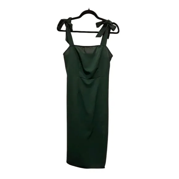 Deep Green Tie Shoulder Smocked Back Midi Dress Wedding Guest Garden Party Small - Image 10