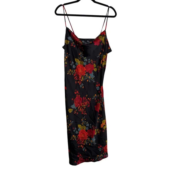 Sara Michelle Floral Satin Cowl Neck Midi Slip Dress Black Red Wedding Guest‎ LG - Image 3