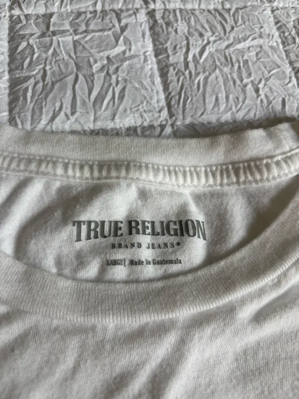 True Religion Men's White T-Shirt Buddha Guitar Back Graphic Crewneck Size L - Image 5