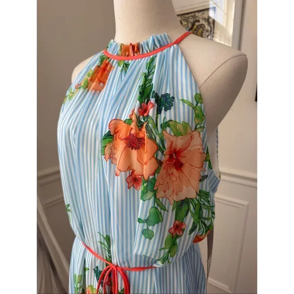 Chetta B NWT Be by Chetta Floral Stripe Maxi Dress High Neck $90 XL - Image 4